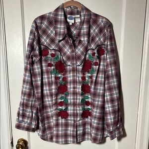 DG2 1X Plaid Western Shirt with Red Rose Embroidery Diane Gilman Cowboy Rodeo